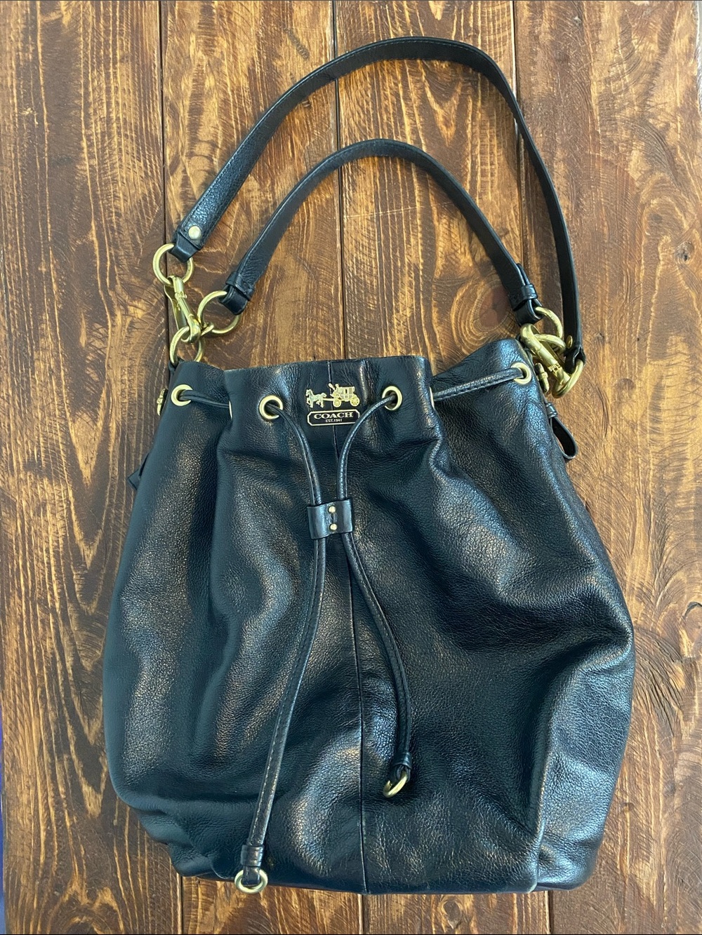 Coach Black Leather Drawstring Bucket Shoulder Bag with Gold Hardware